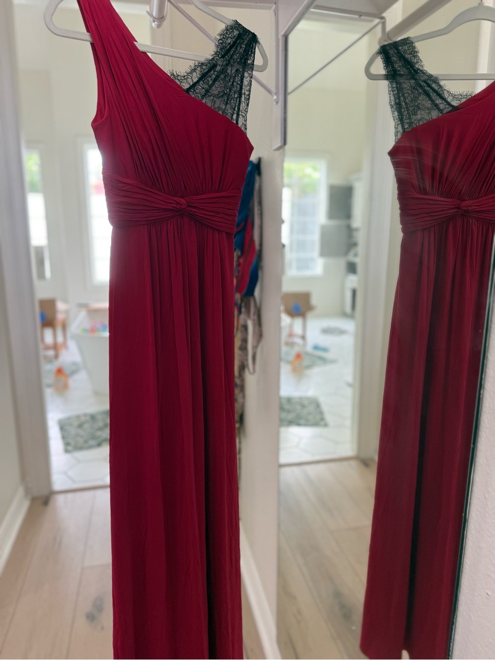 BCBGMaxAzria Fuchsia One-Shoulder Gown with Black Lace